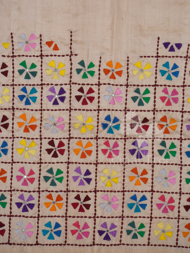 Beige Tussar All Over Multi Coloured Embroidery Fabric