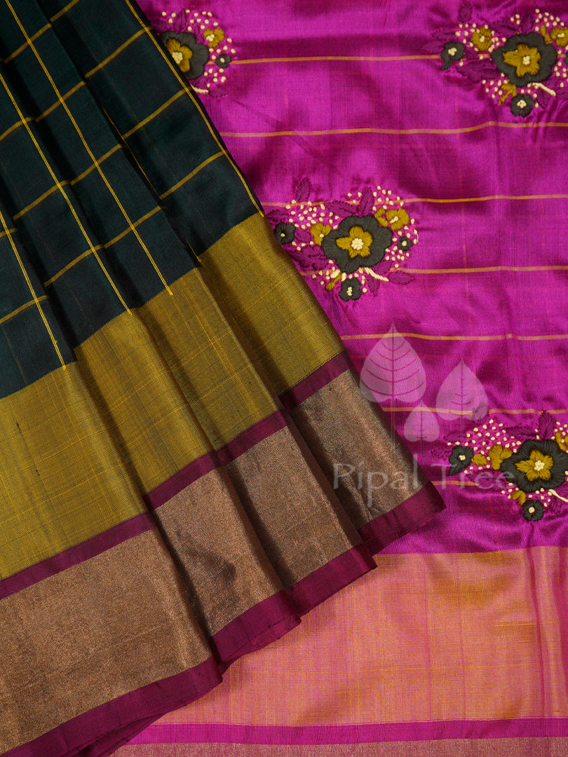 bottle green uppada checks with embroidered pallu+blouse