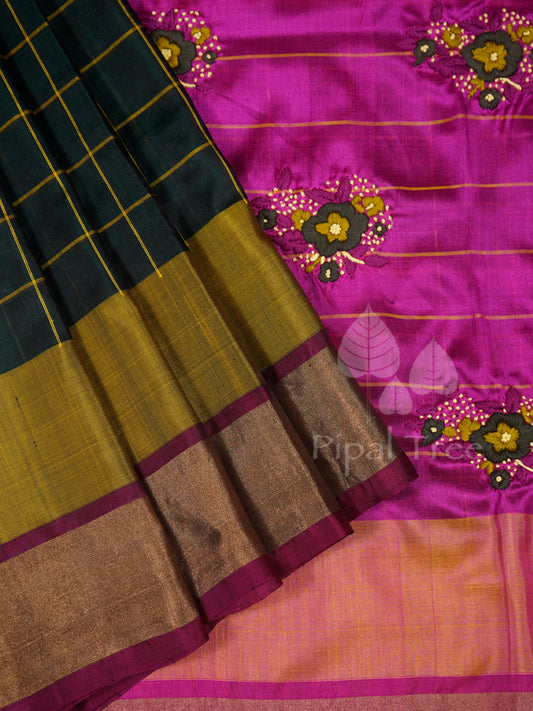 bottle green uppada checks with embroidered pallu+blouse