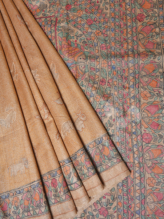 sujani embroidery and madubani hand paint on tussar