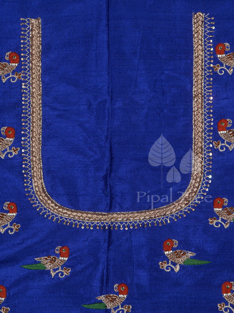 Royal Blue Raw Silk Bird Embroidery Fabric