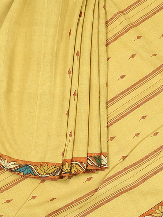 Khadi cotton natural dye in yellow with woven butas and kalamkari border