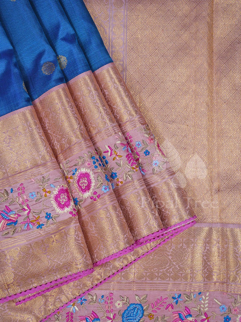 Blue Pink Border Kanchi Embroidery by Piple Tree