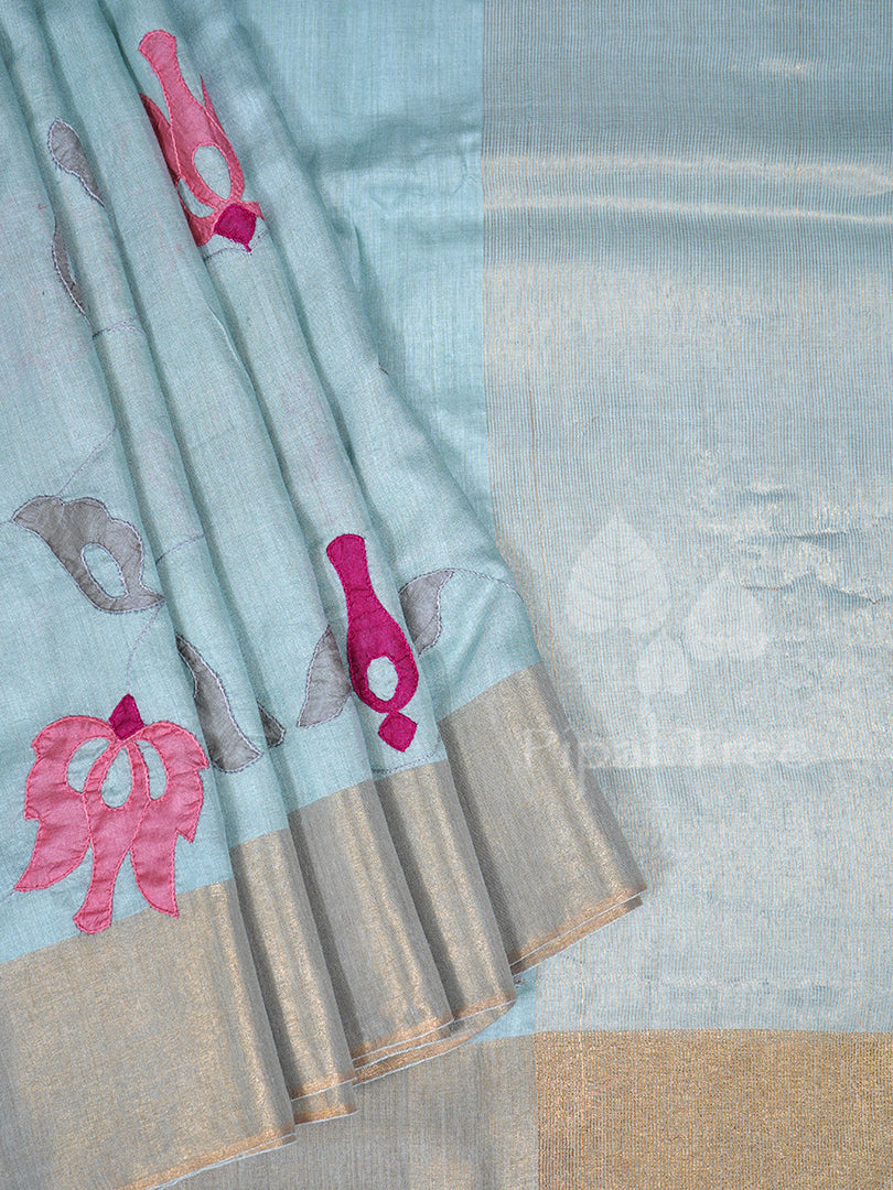 Kal Blue Tussar Applique fabric by Piple Tree featuring intricate applique designs on premium tussar silk.