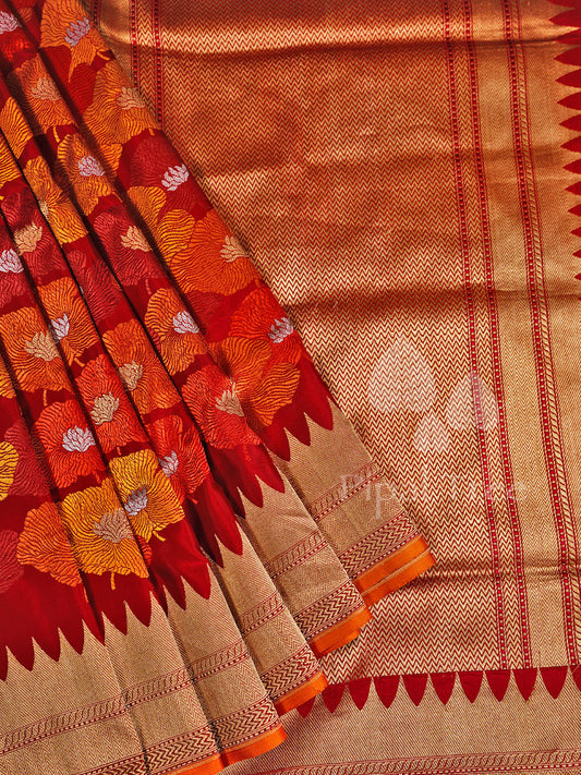 Maroon red and yellow all over weave saree