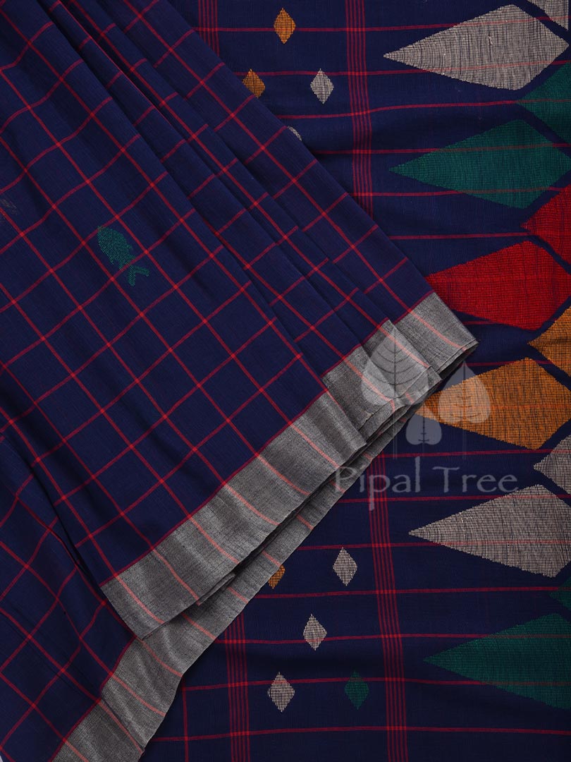Navy Blue linen with Woven Fish Motifs