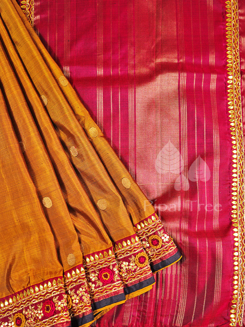 Rust brown kanchi saree with gota embroidery