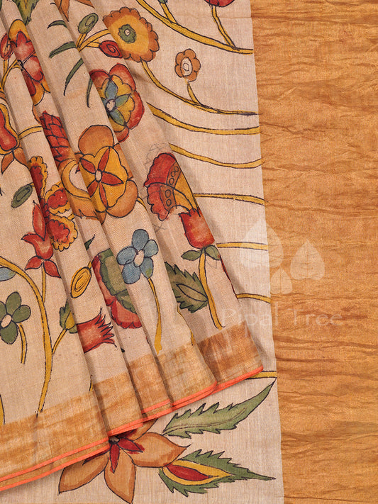 Orange Pen Kalamkari On Khadi Cotton