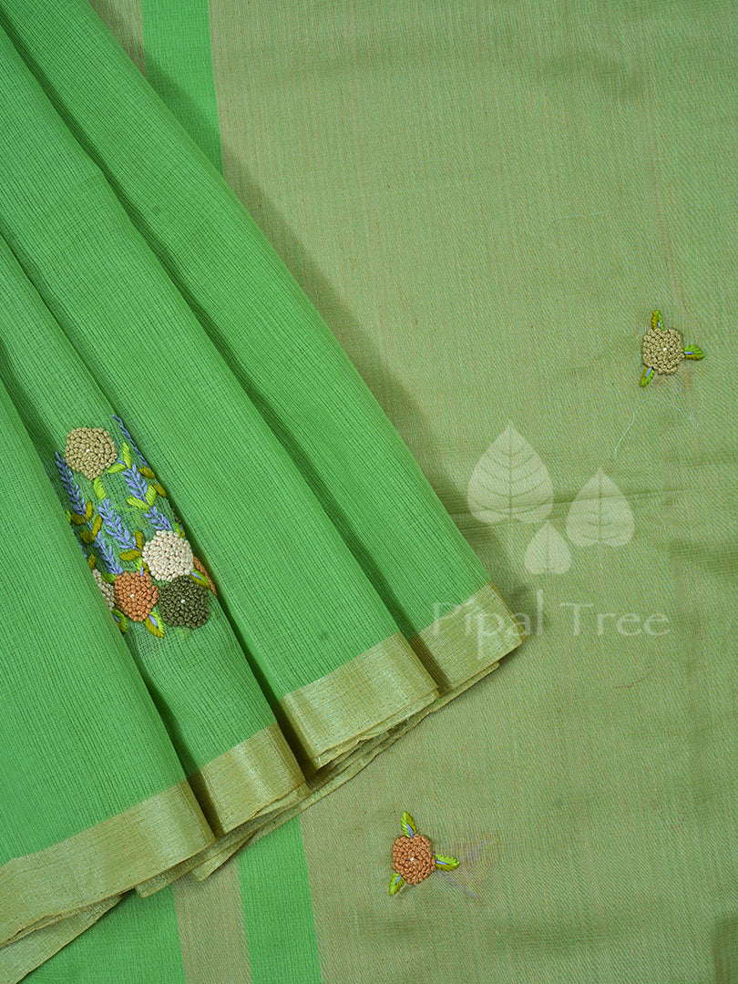 Hand Embroidery On Apple Green Kota