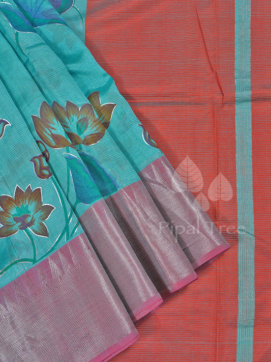 Blue Pink Silk Cotton Foil Print