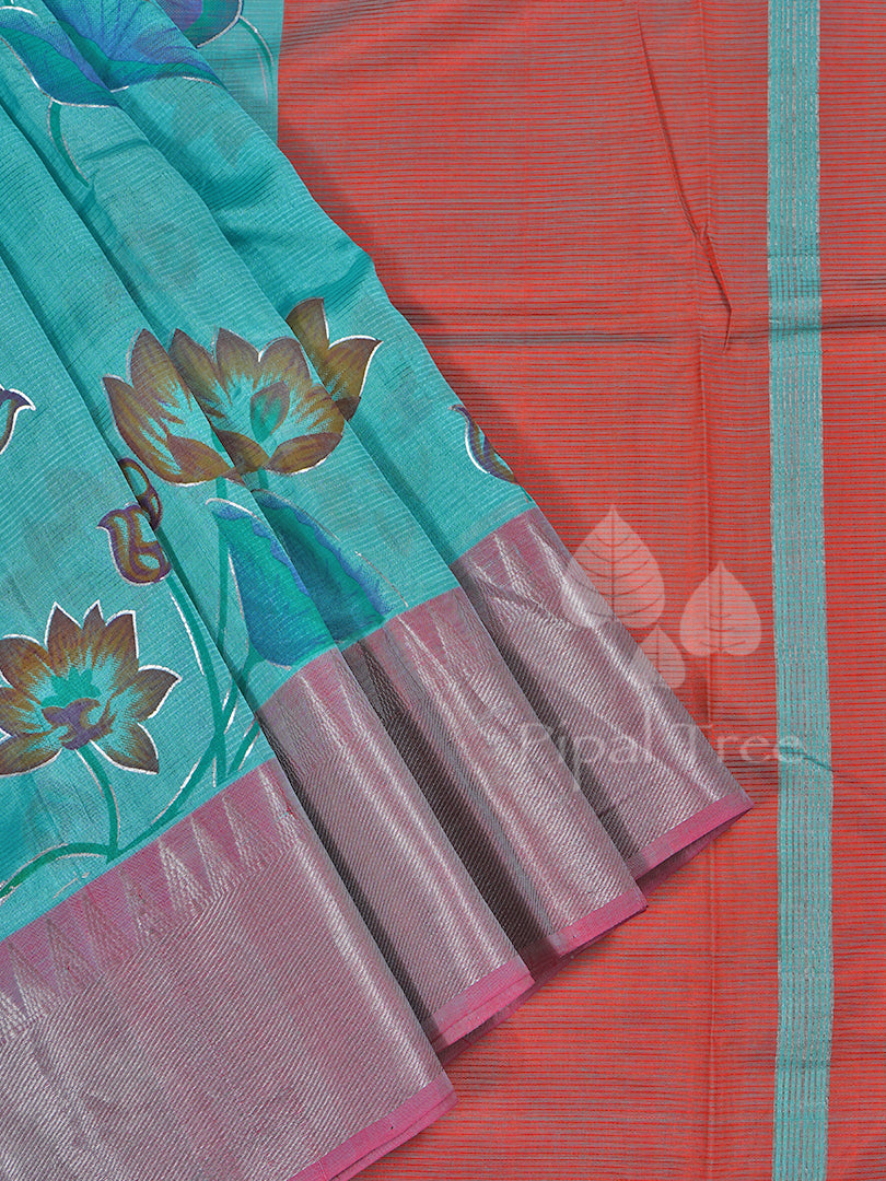 Blue Pink Silk Cotton Foil Print