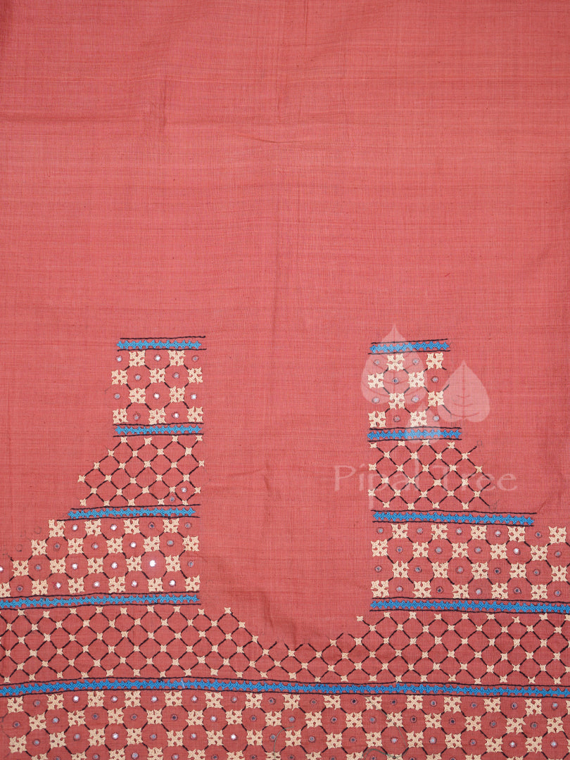 Natural Dyed Cotton Pink And Red Mirror Work Embroidery Fabric