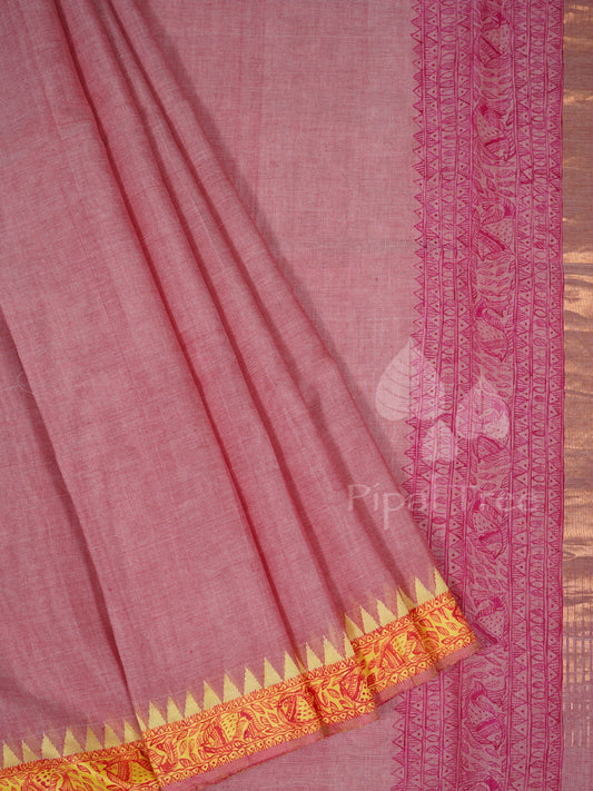 pink khadi yellow border madhubani painting
