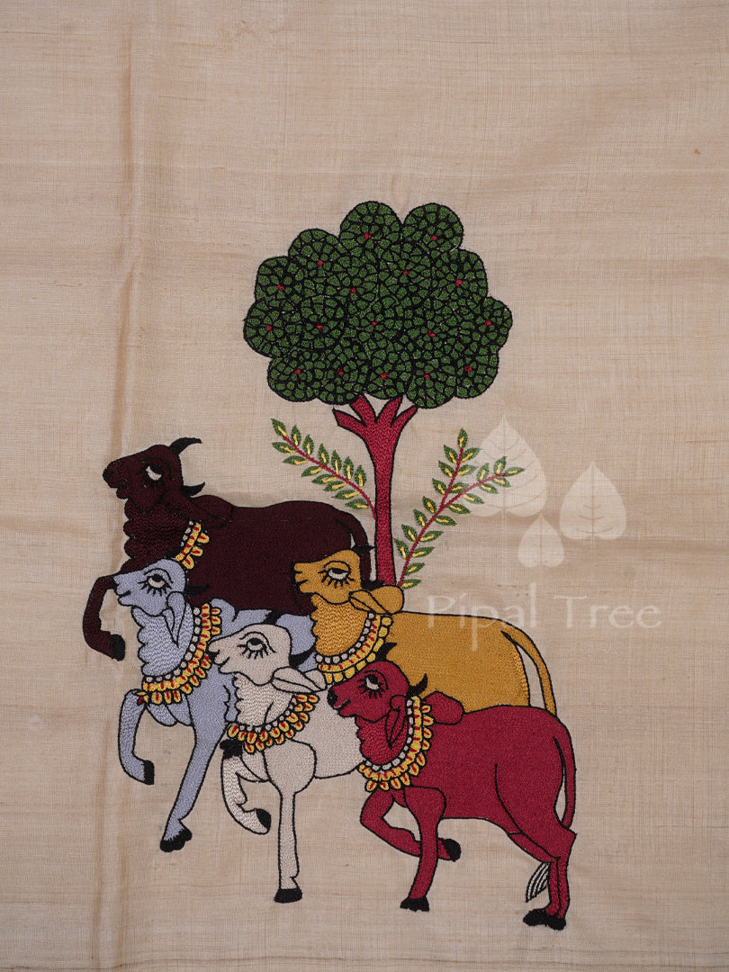 Beige Tussar Cow Motif Embroidery Fabric
