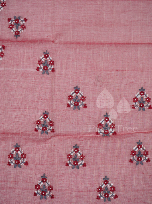 Red Pink Khadi Cotton Grey Embroidery Fabric