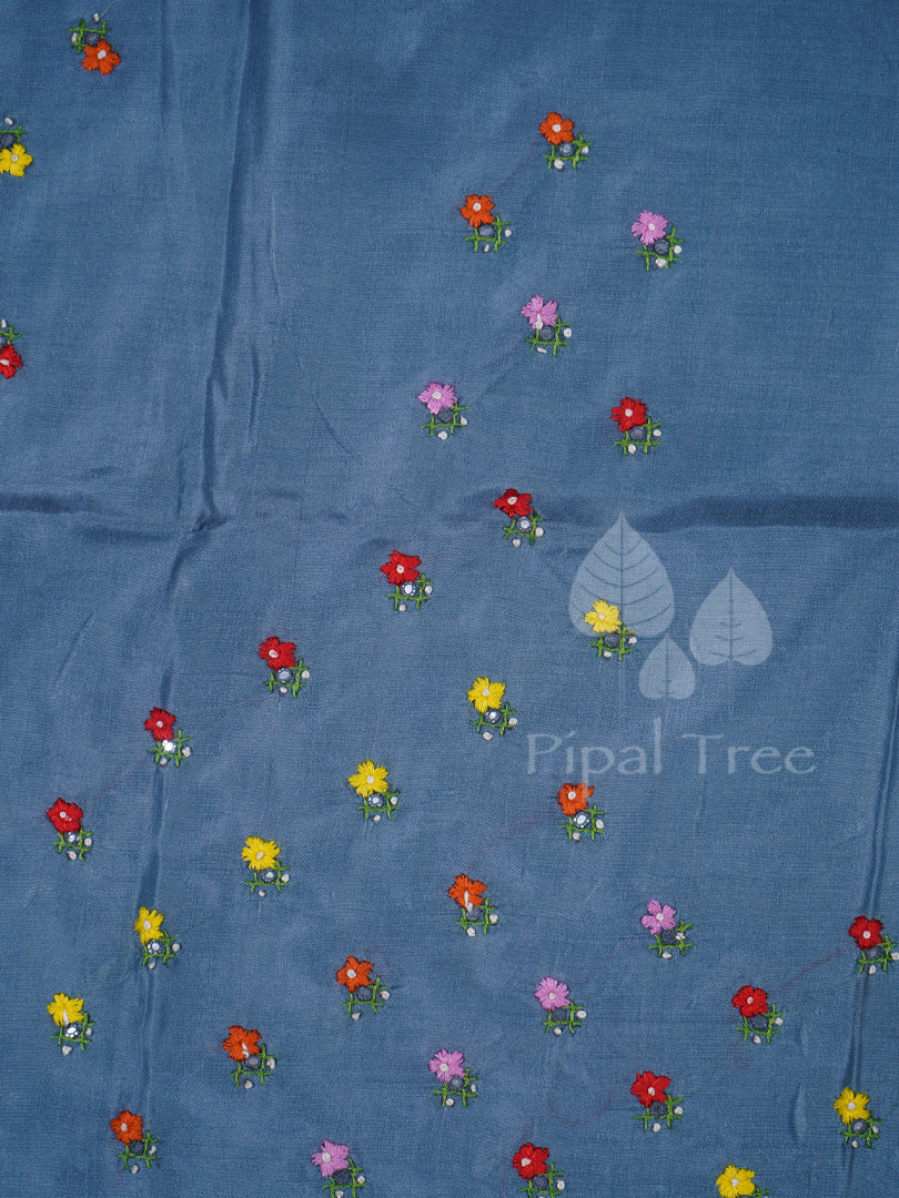 Sky Blue Silk Small Floral Embroidery Fabric