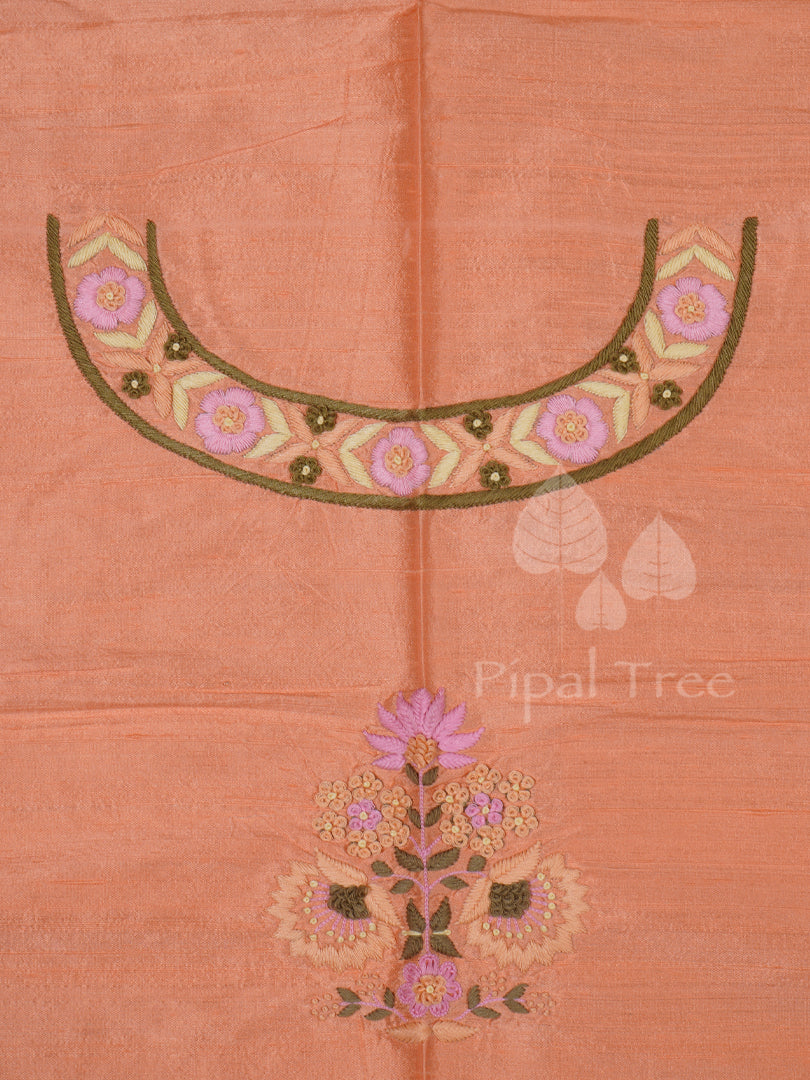 Peach Raw Silk Motif Embroidery Fabric