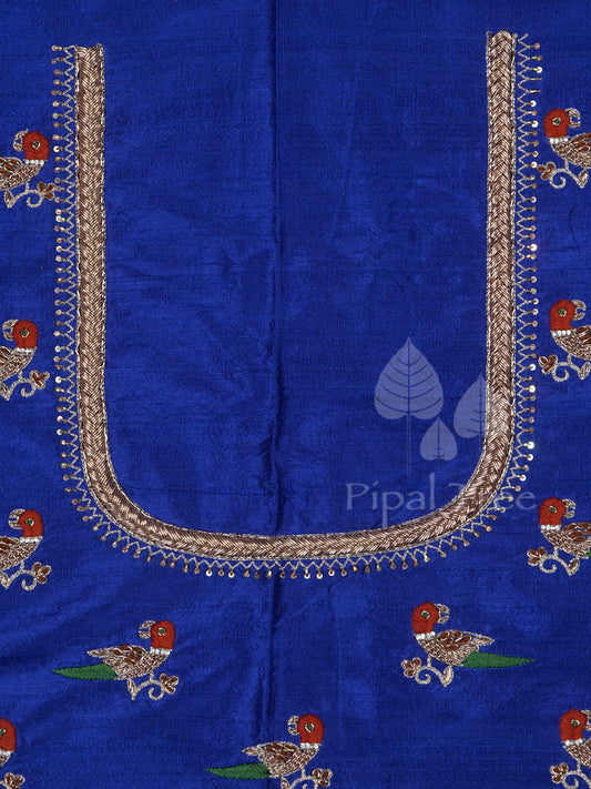 Royal Blue Raw Silk Bird Embroidery Fabric