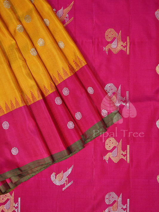 Yellow Pink Border Gadwal saree by Piple Tree showcasing vibrant colors and traditional design.
